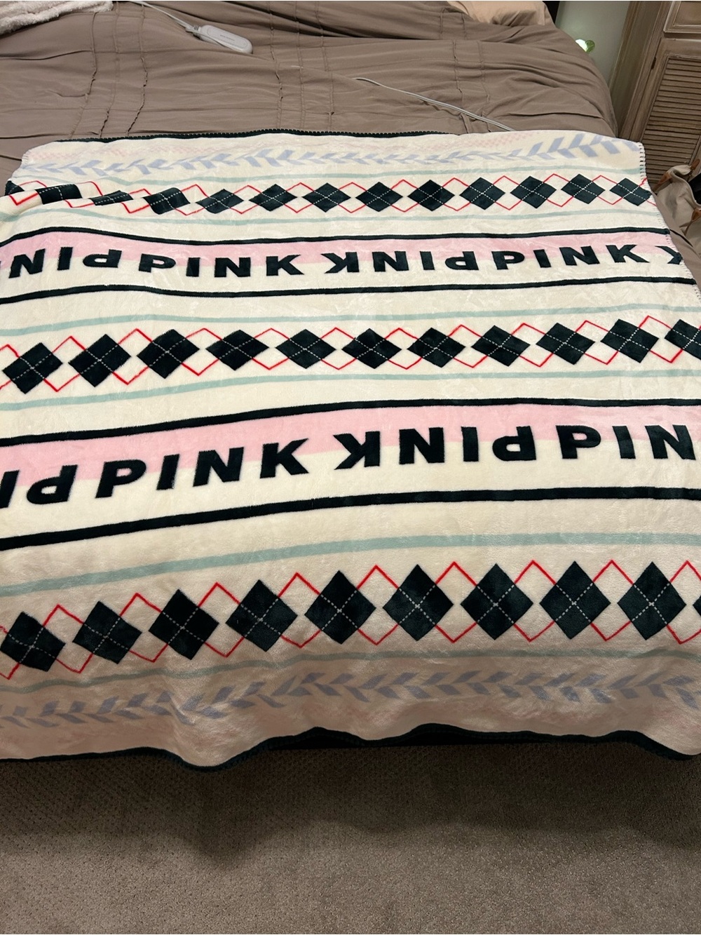 PINK Victoria's Secret White, Light Pink and Navy Patterned Throw Blanket